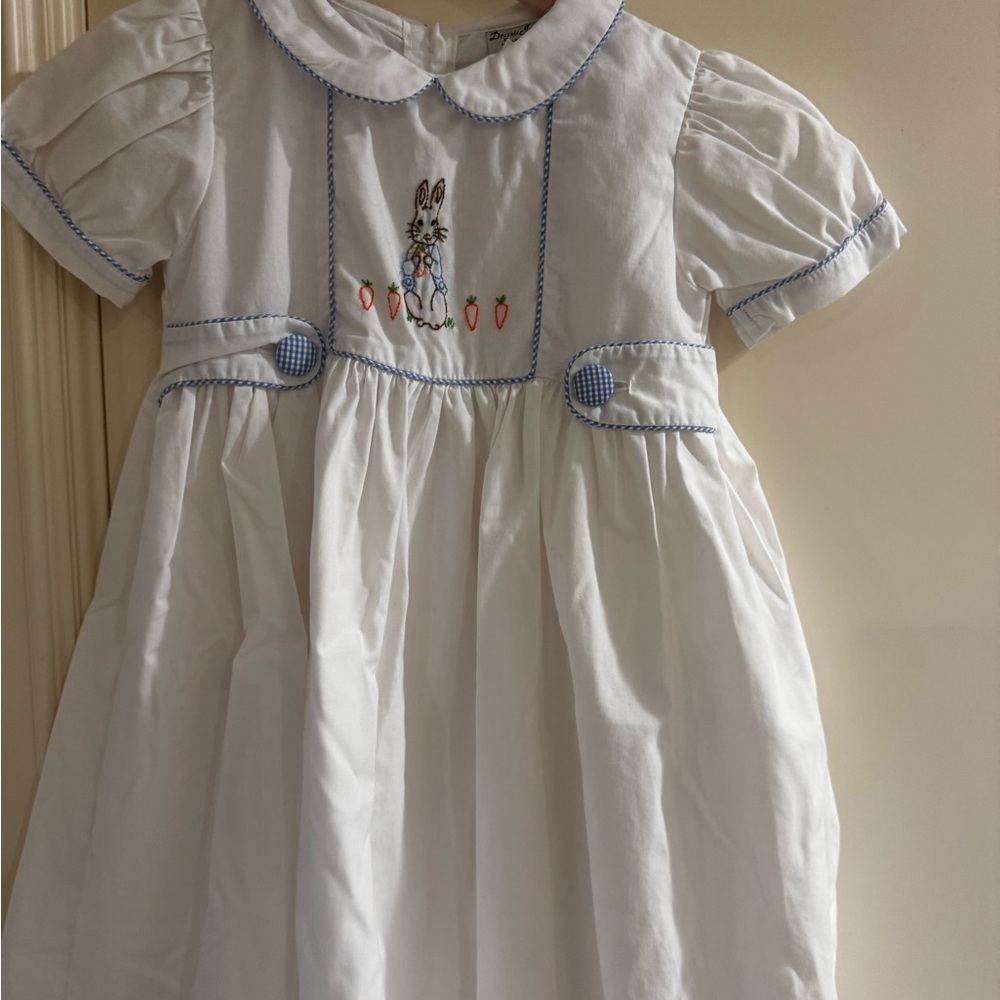 White Dress with Embroidered Bunny and Blue Accents